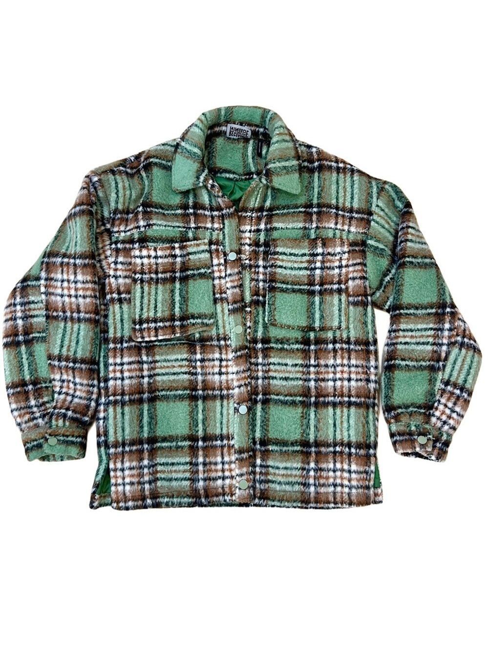 "Reclaimed Vintage" Plaid Green, Brown, White Cozy Fuzzy Jacket - Size 2